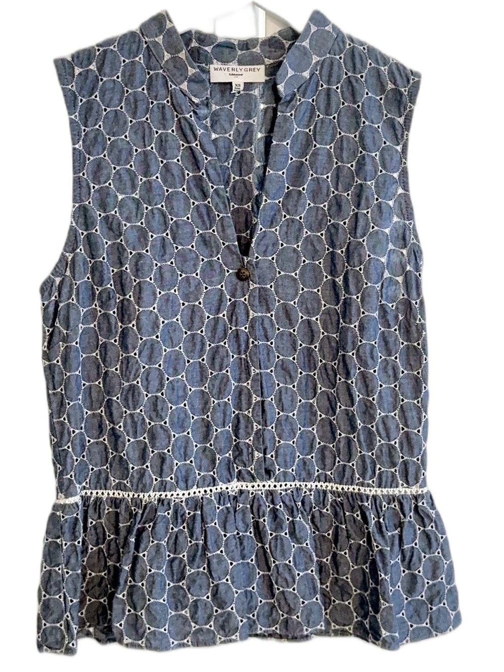 Anthropologie Waverly Grey Blue Eyelet Peplum Sleeveless Blouse